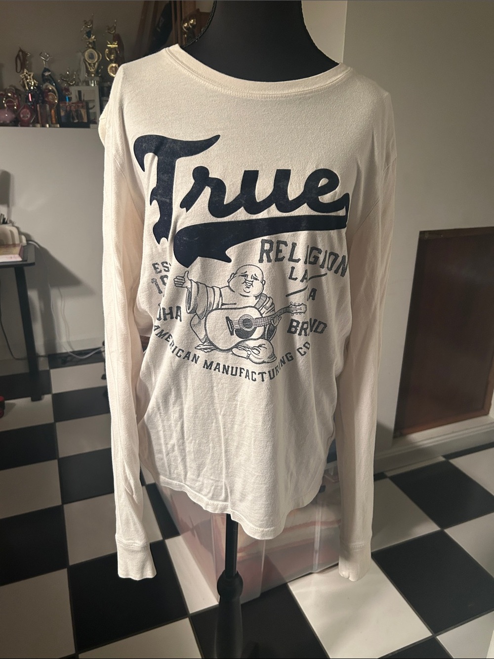 True Religion Cream Long Sleeve Tee with Navy Graphic Logo